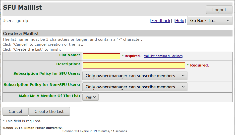 image showing dialogue of SFU mailing-list creation